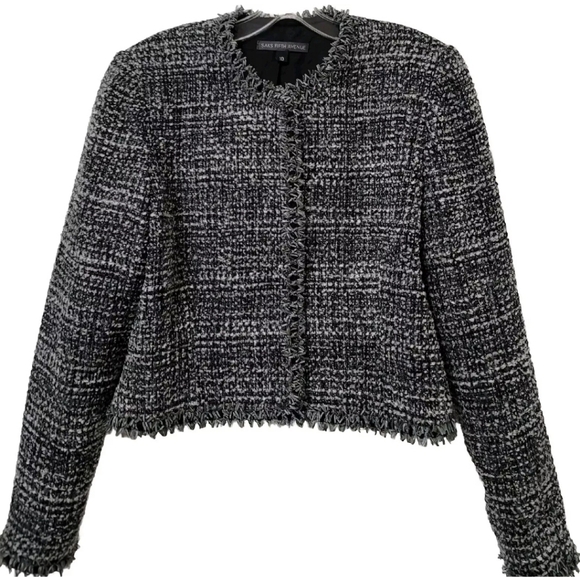 New Saks Fifth Avenue Black Tweed Wool Blend Frayed Trim Crop Blazer Size 10 - Picture 1 of 14